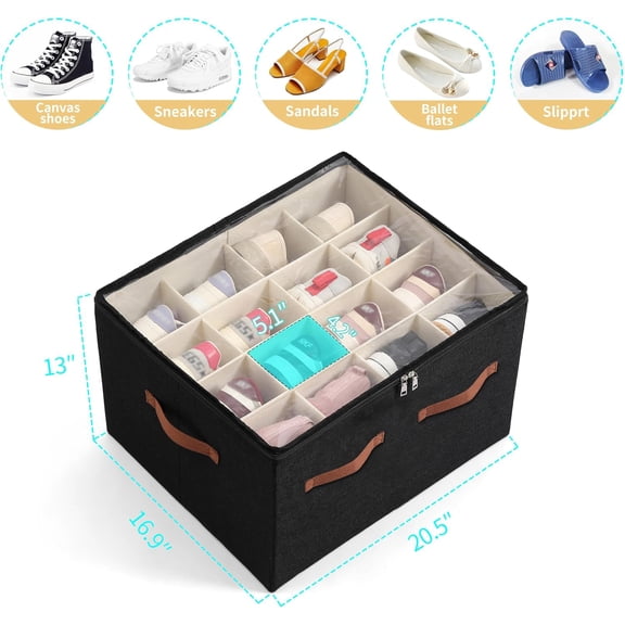 HSAPOW-Shoe Organizer for Closet, Foldable Large Shoe Storage Box with Clear Cover, Removable Partitions and Bottom are Supported by Plastic Boards (Black, 20.5Lx16.9 Wx13'H)