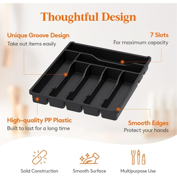 HSAPOW-Silverware Drawer Organizer Tray, Plastic Cutlery Storage for Kitchen, Flatware and Utensil Holder Divider for Spoons Forks Knives Tableware, 12.3 x 14.2", 7 Slots, Black