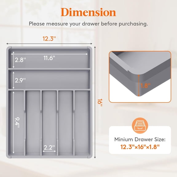 HSAPOW-Silverware Drawer Organizer Tray, Plastic Cutlery Storage for Kitchen, Flatware and Utensil Holder Divider for Spoons Forks Knives Tableware, 12.3 x 16", 7 Slots, Gray
