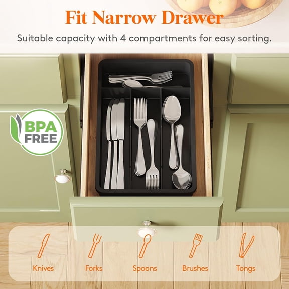 HSAPOW-Silverware Drawer Organizer Tray, Plastic Cutlery Storage for Kitchen, Flatware and Utensil Holder Divider for Spoons Forks Knives Tableware, 7.8 x 12.4", 4 Slots, Black