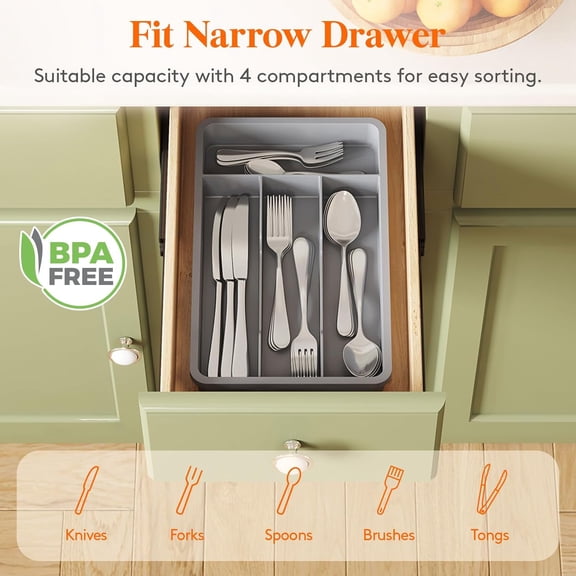 HSAPOW-Silverware Drawer Organizer Tray, Plastic Cutlery Storage for Kitchen, Flatware and Utensil Holder Divider for Spoons Forks Knives Tableware, 7.8 x 12.4", 4 Slots, Gray