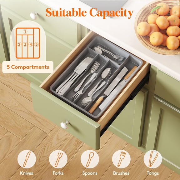 HSAPOW-Silverware Drawer Organizer Tray, Plastic Cutlery Storage for Kitchen, Flatware and Utensil Holder Divider for Spoons Forks Knives Tableware, 9.5 x 13.4", 5 Slots, Gray
