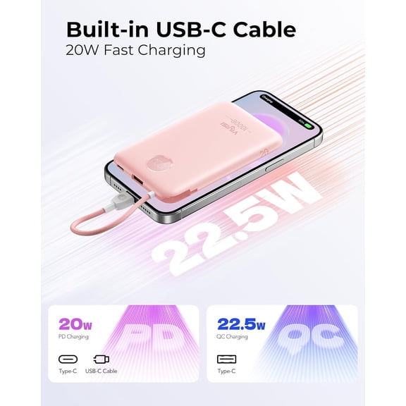 HSAPOW-Slim Portable Charger Power Bank 10000mAh, PD 20W Fast Charging Compact Battery Pack with Built-in USB C Cable, Travel Essential Compatible with iPhone 17 16 15, Samsung, Android - Pink