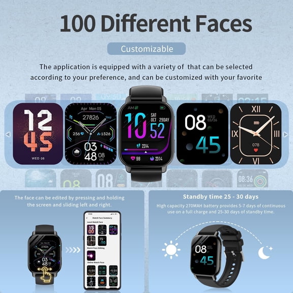 HSAPOW-Smart Watch 1.85 Large Screen for Men and Women, Bluetooth 5.4 with Call Function Pedometer Wristwatch Sports Watch Multiple Exercise Modes Call/Message Notification Music Playback