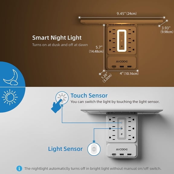 HSAPOW-Socket Outlet Shelf,Wall Outlet Extender Surge Protector with Nightlight,6 Outlets with 3 USB Ports(1 USB C) Plug Expander Charger Shelf with Storage for Home,Dorm