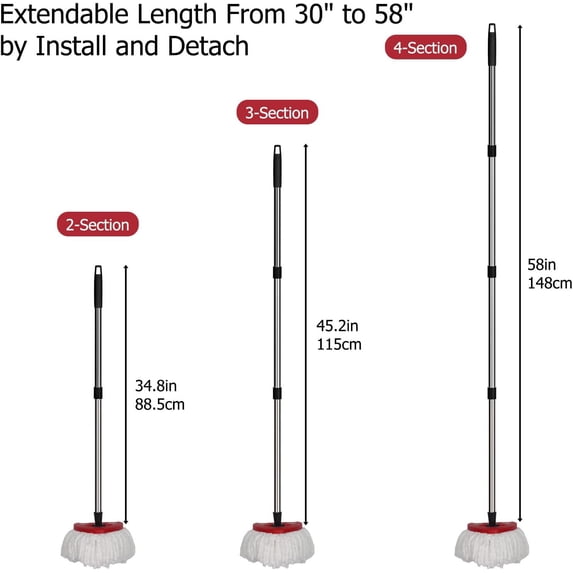 HSAPOW-Spin Mop Replacement Handle - 4-Section 30" to 58" Mop Handle Replacement Stick Compatible with O-Ceda Spin Mop, EasyWring Mop Handle for Floor Cleaning(Mop Head&Base not Include) (Black)