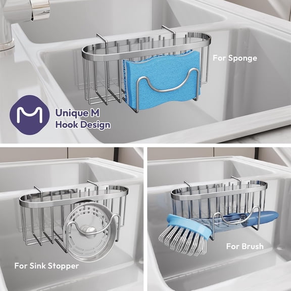 HSAPOW-Sponge Holder for Kitchen Sink - Movable Kitchen Sink Caddy with M Shape Hook Stainless Steel Hanging Sponges Caddy Organizer in Double Bowl Sinks Depth>3.15in, Middle divider<1.5in, Silver L