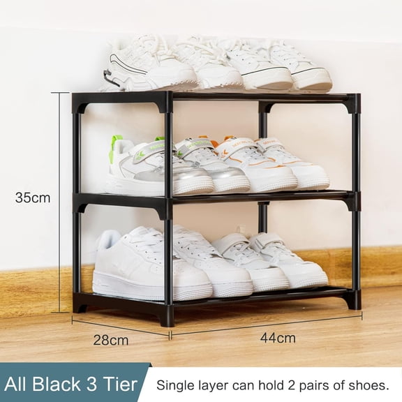 HSAPOW-Stackable Small Shoe Rack for Closet 3 Tier, Sturdy Shoe Rack Organizer for Front Door Entrance and Entryway, Free Standing Metal Shoe Shelf Storage for Closet Bedroom Garage Black