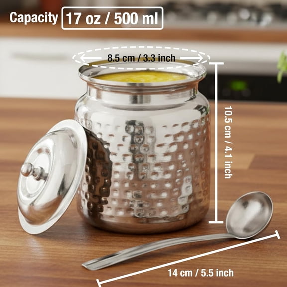 HSAPOW-Stainless Steel Hammered Oil and Ghee Container for Kitchen I Multipurpose Oil Container with Lid I Capacity of 17 oz