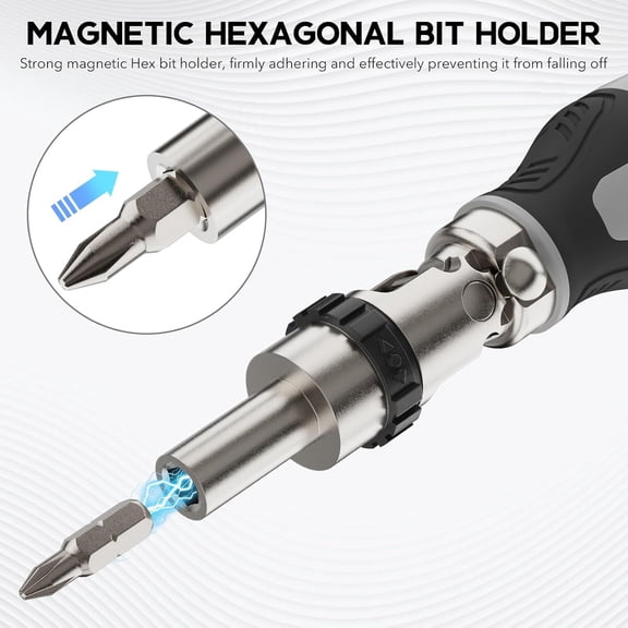 HSAPOW-Stubby Ratcheting Multi-bit Screwdriver with 6 CRV Magnetic Bits & 180 Pivot  7 in 1 Compact Adjustable Angle Hand Tool for Tight Spaces, Furniture, Bike & Home Repairs