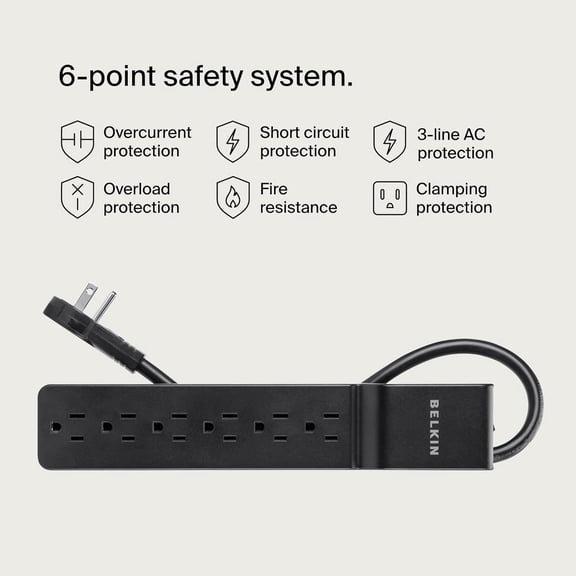 HSAPOW-Surge Protector Power Strip with 6 AC Outlets, 6ft/1.8M Long Heavy-Duty Extension Cord, & 360-Degree Rotating AC Plug for Conference Rooms, Computer Desktops, & More - 600 Joules of Protection