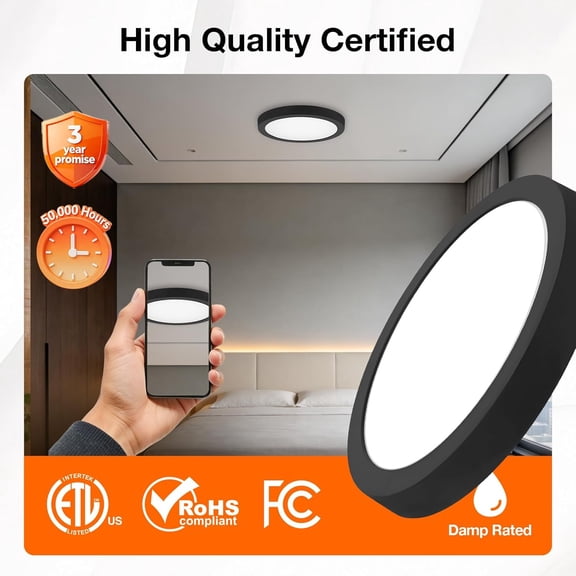 HSAPOW-Sylvania 12" LED Flush Mount Ceiling Light Fixture, 24W, 1600 LMS, Hardwired, 3000K, Warm White, Black, LED Lights for Bedroom Kitchen Hallway Porch - 1 Pack (66459)