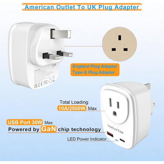 HSAPOW-Type G Adapter for Travel PD30W Fast Charger US to UK Plug Adapter Outlet Converter with Multi USB Port, Electrical Outlet Adapter for Ireland Dubai England Travel Cruise Essential