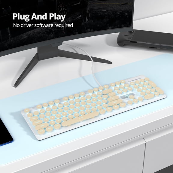 HSAPOW-Typewriter Keyboard 104-key Punk Gaming Retro Keyboard LED Ice Blue Backlit Cute Keyboard with Wired USB Suitable for PC/Win/Mac/Laptop Computer Keyboard (Khaki)