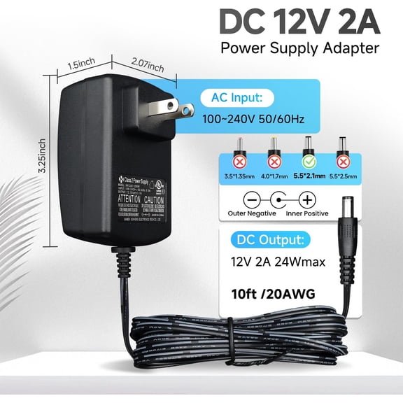 HSAPOW-UL Listed 12V 2A 10ft Power Adapter with 8 Tips, AC to DC 24W 2000mA 1500mA 1000mA 800mA 500mA Replacement Power Cord for CCTV Security Camera DVR Webcam LED Strip Router Speaker LED Mirror an