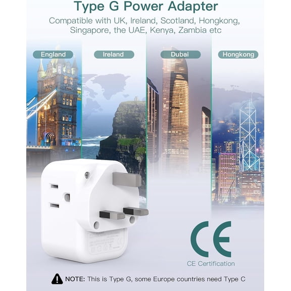 HSAPOW-US to UK Plug Adapter 3 Pack, Type G Travel Plug with 3 Outlets 3 USB Ports(2 USB C), UK Power Adaptor for USA to England London British Ireland Scotland Dubai Hong Kong Kenya