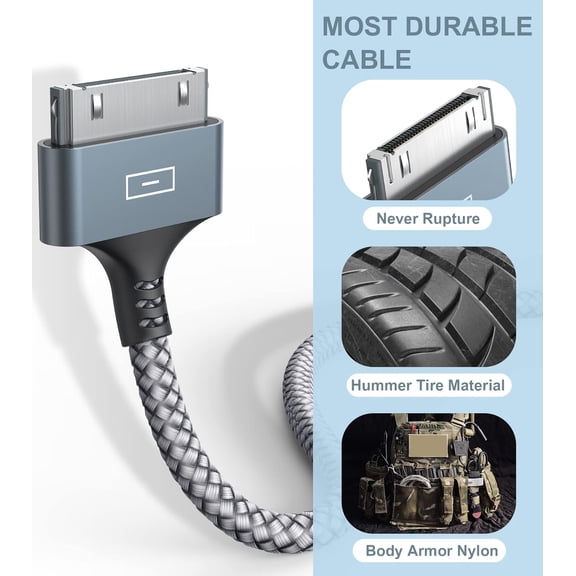 HSAPOW-USB to 30 Pin Charging Cable 6.6ft 2-Pack, USB Fast Charging & Sync Data Cable Nylon Braided Cord Compatible iPhone 4/4s/3G/3GS, iPad 1 2 3,iPod Touch 4 3 2 1, iPod Classic 3 2 1-Grey
