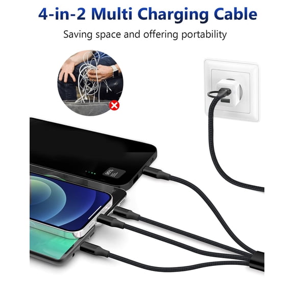 HSAPOW-USB C Splitter Multi Charging Cable, USB A/C Fast Charging Cord, 4 in 2 Multi Charger Cable with 4 Type-C Connectors for iPhone16/15 Series/Cell Phones & Pads-2Pack 4FT Black