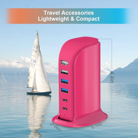 HSAPOW-USB Charging Station Multiports , Charging Hub 6 Ports Dual Type-C, USB Tower Fast Charging for Tablets, Cellphones, Smart Watch, and More Electronic Gadgets, Portable Design, Travel Essential