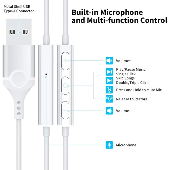 HSAPOW-USB Headphones with Microphone for Laptop, 7.5ft Magnetic Wired Earbuds Noise Isolation in-Ear Earphones with Mute Volume Control Stereo Bass for PC Desktop Dell HP Acer Laptop Meetings/Music,