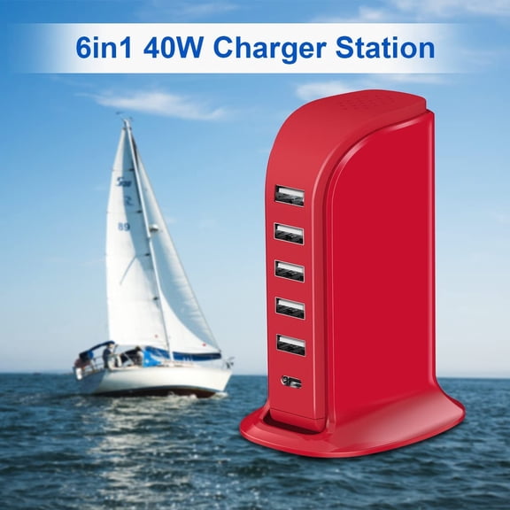 HSAPOW-USB Phone Charger 6 Ports 40W , Type C Wall Charger Smart 6A, Charging Tower with 5ft Power Cord, USB Power Adapter Fast Charging, Smart Home Device Charging Station, iPhone/Ipad Accessories