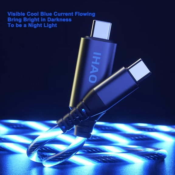 HSAPOW-USB Type C to Type C PD 60W Fast Charging Cable Phone Charger High Data Speed Cool Light Up LED Current Flowing for All USB C Device-Blue/39 Inches