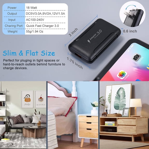 HSAPOW-USB Wall Charger, 2 Pack 18W GaN Tech Slim Fast Charge 3.0 Port Fast Charging Block with Foldable Plug Compatible for Samsung Galaxy S10 S9 S8 Note 9, iPhone 11 Xs XR X, Tablet (Black)