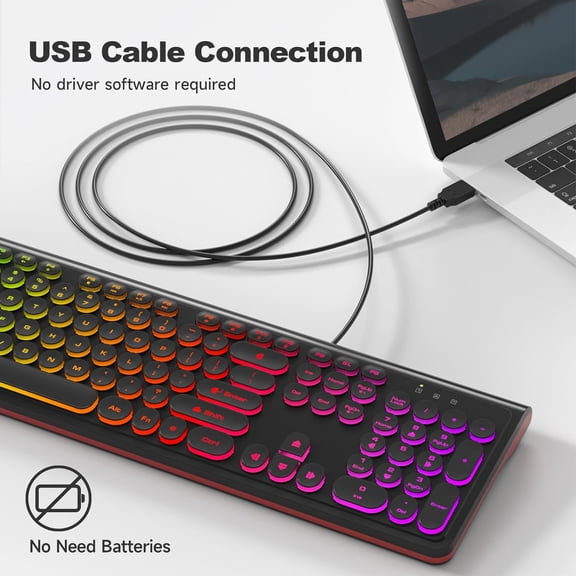 HSAPOW-USB Wired Keyboard with Backlit 7-Colors, Full Size Keyboard with Retro Keycaps, Numeric Keypad and Media Hotkey for Computer Desktop PC Laptop and Windows 7 8 10 11