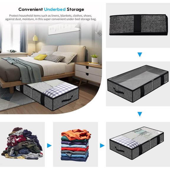 HSAPOW-Underbed Fabric Storage Bags Organizer with 4 Handles, 2 Zippers and Large Clear Window, for Clothes, Blankets, Bedding, Foldable with Sturdy Structure, 2 Pack, Linen-like Black, MXAUBBSS2P