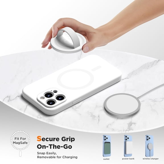 HSAPOW-Upgraded Magnetic Phone Grip, Liquid Silicone Soft and Portable, Removable Finger Loop Ring Grip Holder for iPhone, Strong Magnetic Attraction, Compatible with MagSafe Phone Case, White