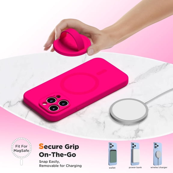 HSAPOW-Upgraded Magnetic Phone Grip, Liquid Silicone Soft and Portable, Removable Finger Loop Ring Grip Holder for iPhone, Strong Magnetic Attraction, Compatible with MagSafe Phone Case, Neon Pink