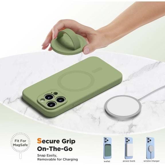 HSAPOW-Upgraded Magnetic Phone Grip, Liquid Silicone Soft and Portable, Removable Finger Loop Ring Grip Holder for iPhone, Strong Magnetic Attraction, Compatible with MagSafe Phone Case, Tea Green