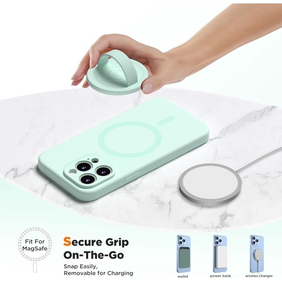 HSAPOW-Upgraded Magnetic Phone Grip, Liquid Silicone Soft and Portable, Removable Finger Loop Ring Grip Holder for iPhone, Strong Magnetic Attraction, Compatible with MagSafe Phone Case, Mint Green