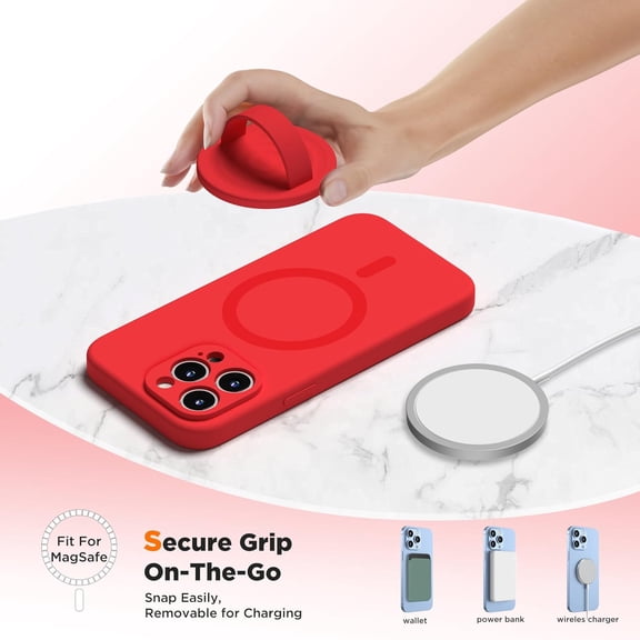 HSAPOW-Upgraded Magnetic Phone Grip, Liquid Silicone Soft and Portable, Removable Finger Loop Ring Grip Holder for iPhone, Strong Magnetic Attraction, Compatible with MagSafe Phone Case, Red