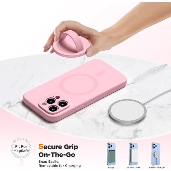 HSAPOW-Upgraded Magnetic Phone Grip, Liquid Silicone Soft and Portable, Removable Finger Loop Ring Grip Holder for iPhone, Strong Magnetic Attraction, Compatible with MagSafe Phone Case, Pink