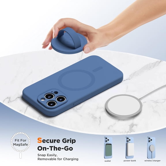 HSAPOW-Upgraded Magnetic Phone Grip, Liquid Silicone Soft and Portable, Removable Finger Loop Ring Grip Holder for iPhone, Strong Magnetic Attraction, Compatible with MagSafe Phone Case, Azure Blue