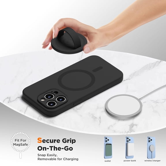 HSAPOW-Upgraded Magnetic Phone Grip, Liquid Silicone Soft and Portable, Removable Finger Loop Ring Grip Holder for iPhone, Strong Magnetic Attraction, Compatible with MagSafe Phone Case, Black