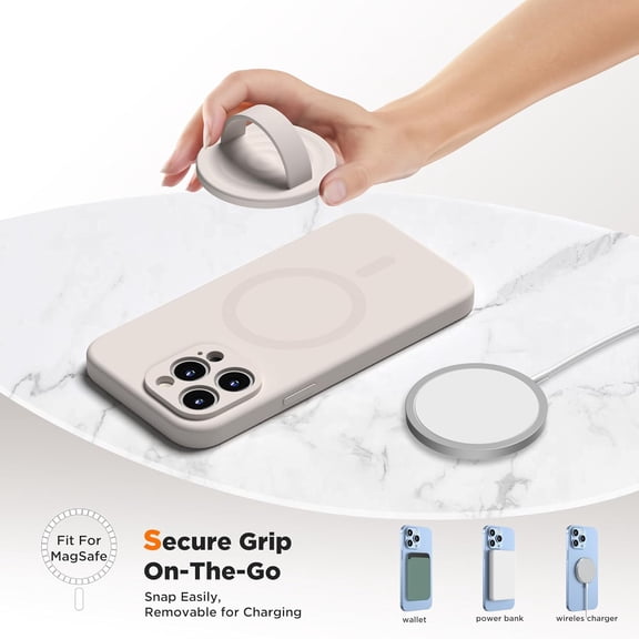 HSAPOW-Upgraded Magnetic Phone Grip, Liquid Silicone Soft and Portable, Removable Finger Loop Ring Grip Holder for iPhone, Strong Magnetic Attraction, Compatible with MagSafe Phone Case, Stone