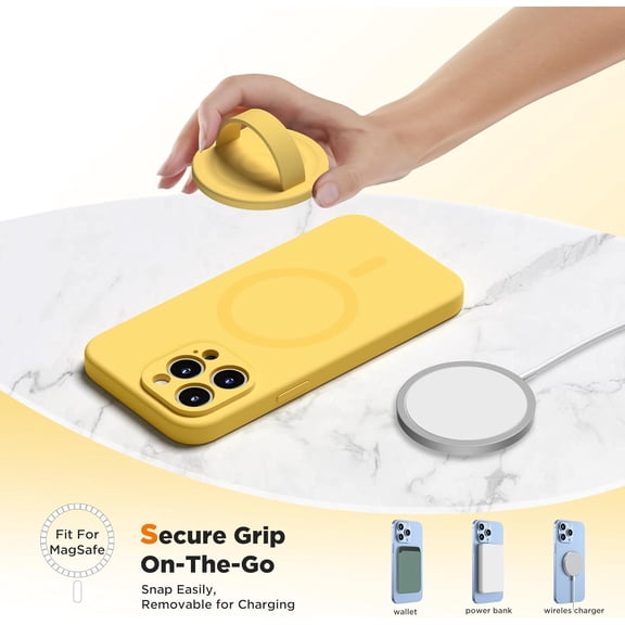 HSAPOW-Upgraded Magnetic Phone Grip, Liquid Silicone Soft and Portable, Removable Finger Loop Ring Grip Holder for iPhone, Strong Magnetic Attraction, Compatible with MagSafe Phone Case, Yellow