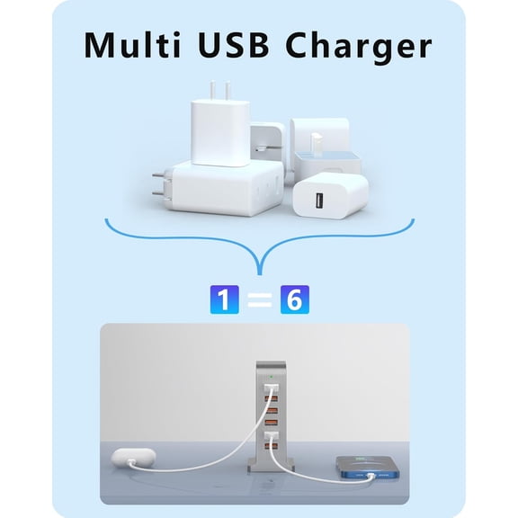 HSAPOW-VPSUN USB Charger 6 Port 50W Multi USB Tower Charging Station for Multiple Devices iPhone 15/14/14 Pro/14 Pro Max/13 Pro/13 Pro Max/Android/Samsung/Tablet,etc (Gray, 50W)