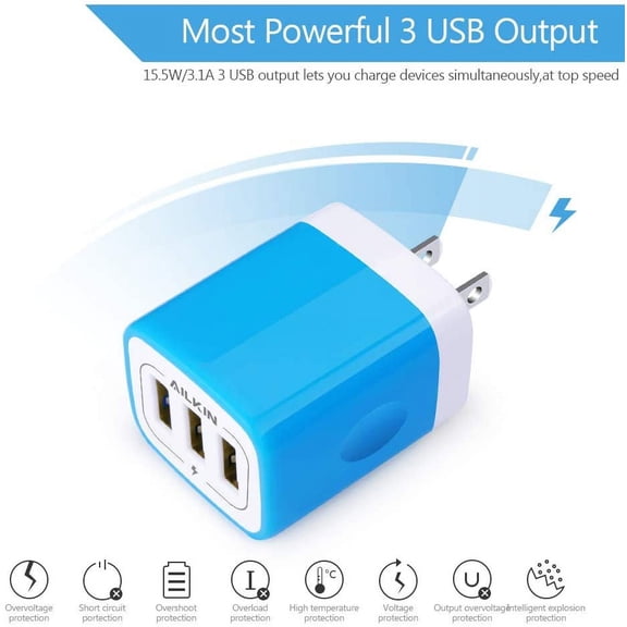 HSAPOW-Wall Charger, USB Charger Adapter, 3.1A/3Pack Muti Port Fast Charging Cube Power Charge Base Block Plug for iPhone 17 16 15 14 13 12 11 Pro Max Plus, Samsung Note 20 S22 S21 S20, Kindle Fire U