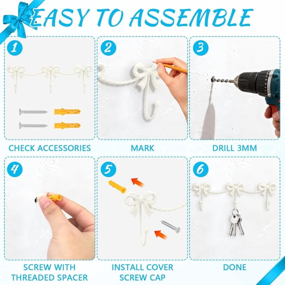 HSAPOW-White Bow Hooks Bow Wall Hook, 3 Bow Knot Coat Hooks Metal Bowknot Towel Hooks Door Hanger Holder for Wedding Bathroom Bags Coats Hats Coffee Mugs Room Kitchen Decorations (White-A)