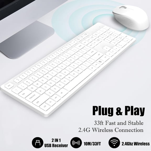 HSAPOW-White Wireless Keyboard and Mouse Combo, Full-Sized Ergonomic Computer Keyboard, 2.4GHz USB Cordless Keyboard Silent Mouse Set, 12 FN Shortcuts for Windows MacOS Laptop Computer