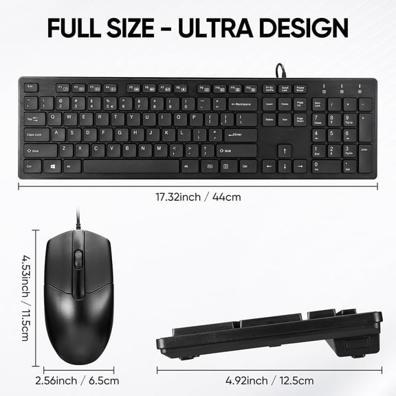 HSAPOW-Wired Keyboard and Mouse Combo, Full-Sized Ergonomic Computer Keyboard and Optical Wired Mouse for Windows, Mac OS Desktop/Laptop/PC-Black
