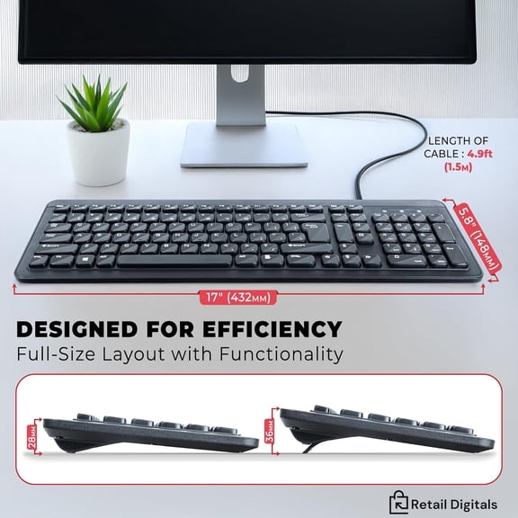 HSAPOW-Wired USB Keyboard | Full-Sized | Ergonomic | Soft Typing | QWERTY Layout | Black