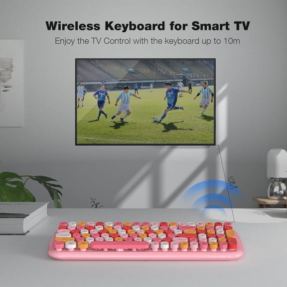 HSAPOW-Wireless Bluetooth Keyboard for Laptop & Android, Connect up to 3 Devices Simultaneously, Portable 100-Key Typewriter Retro Round Keycaps Keyboard - Light Pink