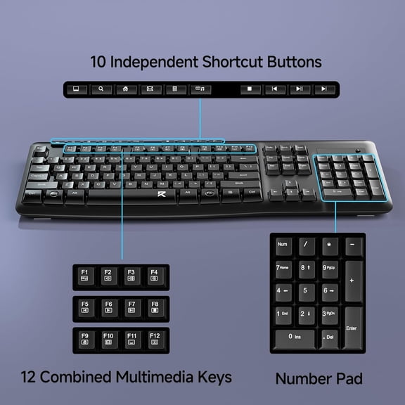 HSAPOW-Wireless Keyboard, 2.4G Full-Sized Ergonomic Wireless Computer Keyboard with 10 Individual Multimedia Keys, Spill Resistant, for Mac OS Desktop/Laptop/PC BK7367