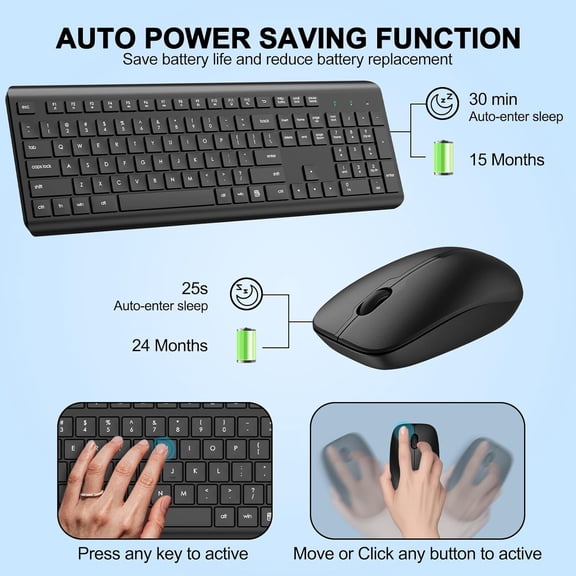 HSAPOW-Wireless Keyboard and Mouse Combo, Full Size Silent Ergonomic Keyboard and Mouse, Long Battery Life, Optical Mouse, 2.4G Lag-Free Cordless Mice Keyboard for Computer, Mac, Laptop, PC, Windows