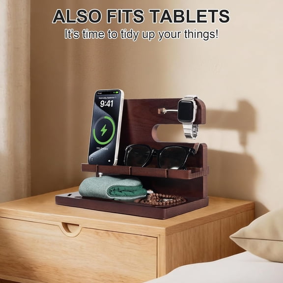 HSAPOW-Wooden Phone Docking Station for Men, Nightstand & Desktop Organizer, Charging Stand for Phone, Watch, Wallet, ipad, Keys & Essentials