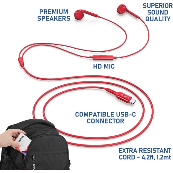 HSAPOW-Zenith USB C Headphones for iPhone 17 16 15 Pro Max Plus Air iPad Pro Air, 5 Years Warranty, USB-C Earbuds for Samsung Galaxy S24 S23 Ultra S22 S21 S20 A55 A54 A53, USB Type C Earphones - Red
